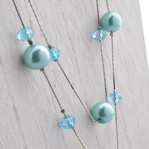 Aqua Blue Green and Silvertone Beaded Necklace